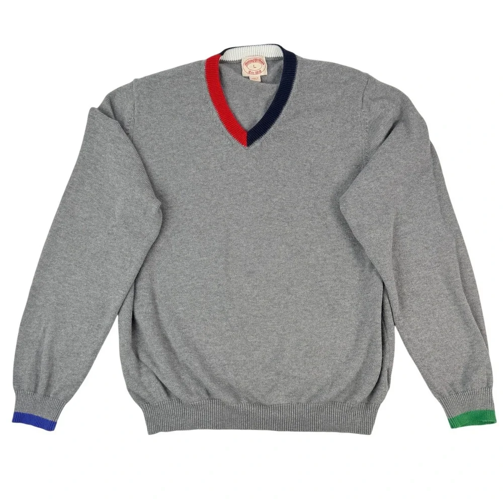 Brooks Brothers Mens Gray V-Neck Sweater‎ Colorblock Trim Size L RN93986